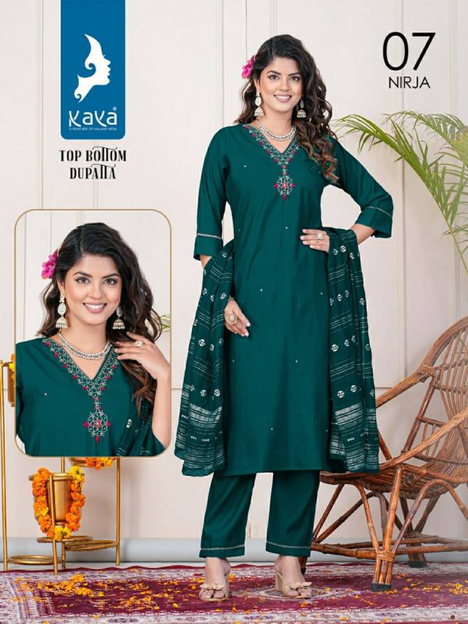 Nirja By Kaya Straight Cut V Neck Roman Silk Kurtis With Bottom Dupatta Wholesale Price In Surat 